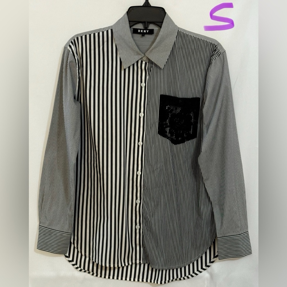 DKNY Women's Black and White Striped Button Down Shirt